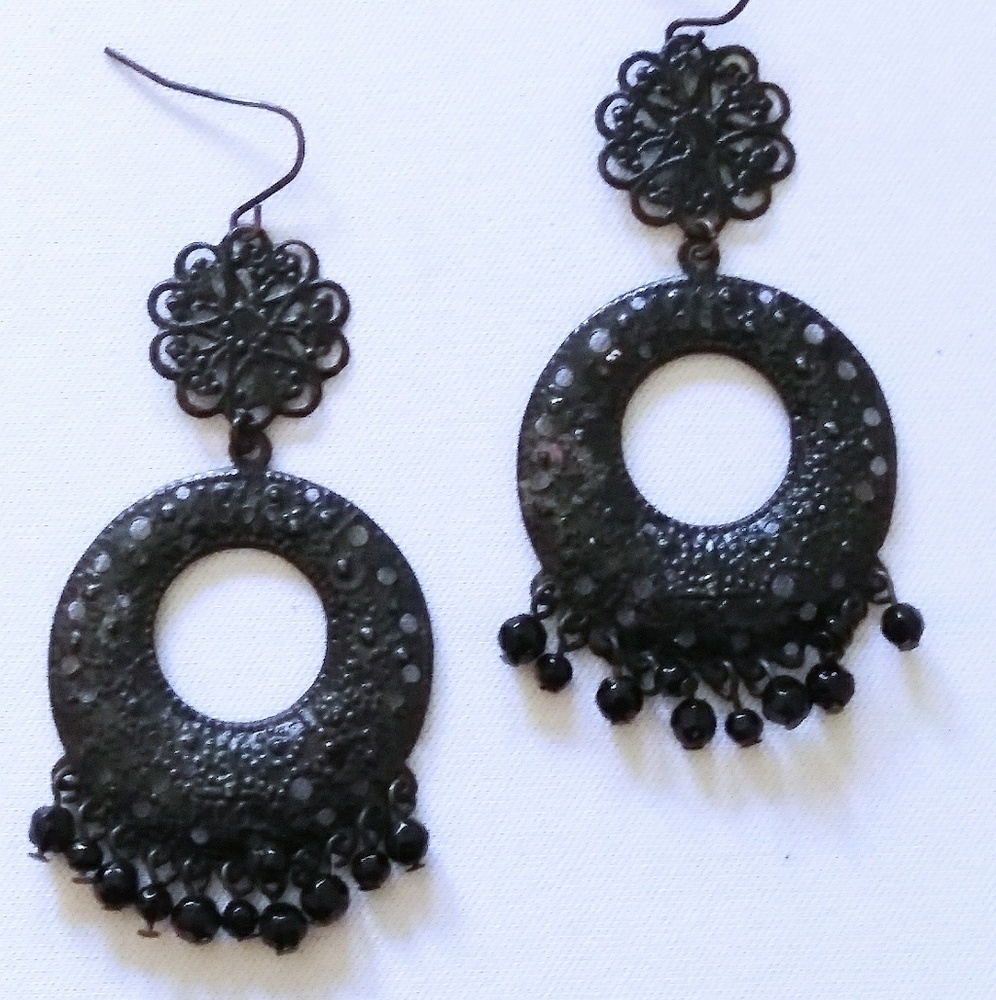 Jet black doily chandelier earrings